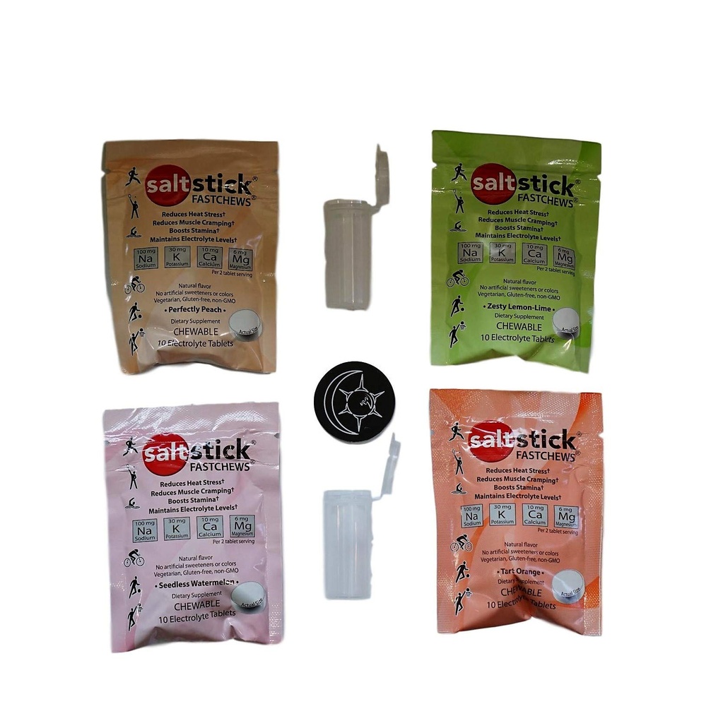 SaltStick FASTCHEWS® 4 Pk Try Them All with Two Race Ready Tubes and Magnet, Comes with Orange - Zesty Lemon-Lime - Perfectly Peach and Seedless Watermelon