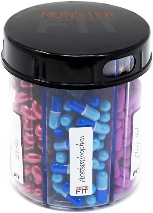 Monster Jr συμπλήρωμα Pill Dispenser - συγκρατεί μικρές μέτρια φαρμακευτική Βιταμίνες και εύκολα Dispense από ένα εμπορευματοκιβώτιο περιλαμβάνει ετικέτες διαμέρισμα ( 1 συσκευασία)