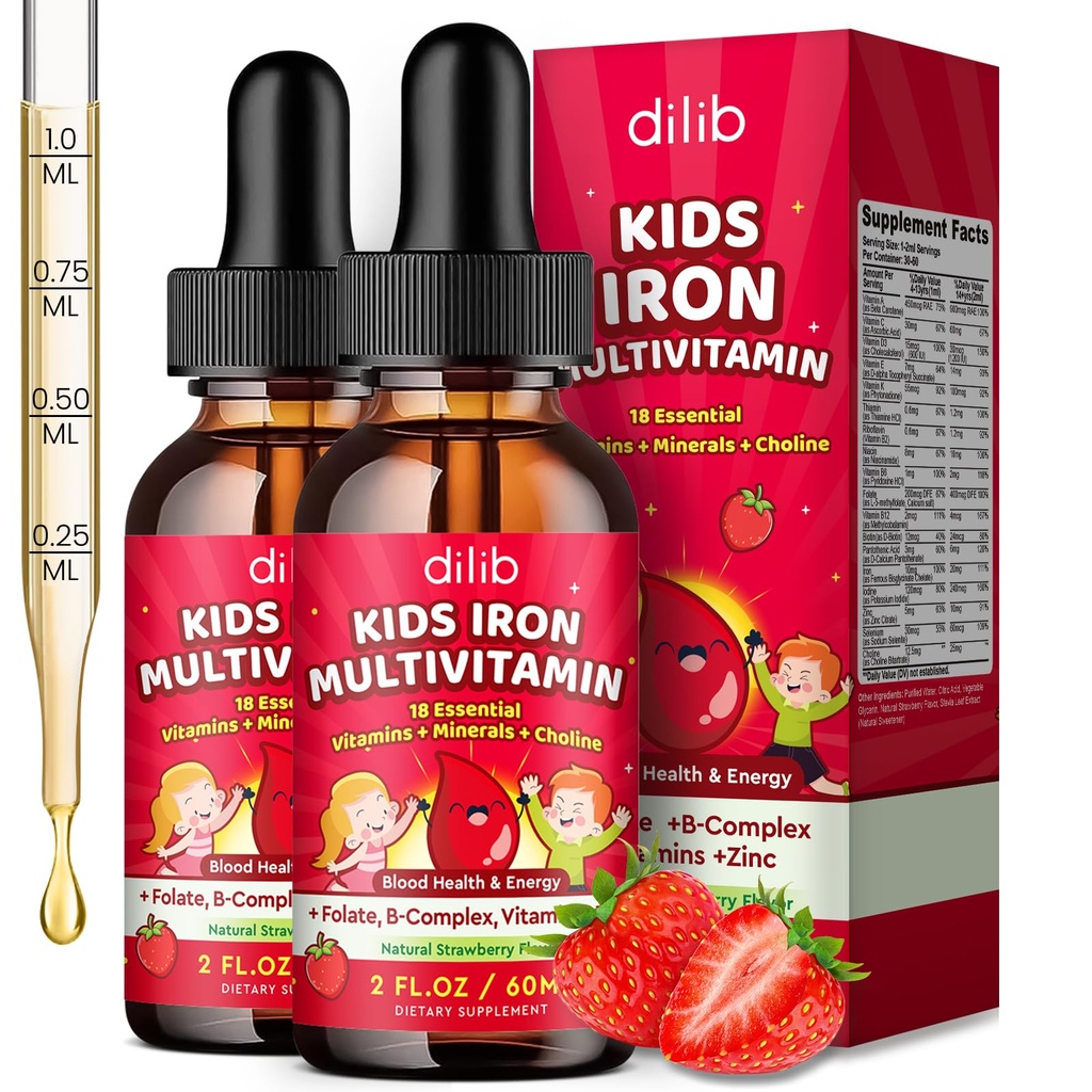 Liquid Iron Supplement for Kids, Kids Multivitamin with Iron Drops with Zinc, Vitamin B Complex, Folate - Support Blood Builder & Energy, Iron Deficiency for Women, Men, Vegan Strawberry 4 Fl Oz