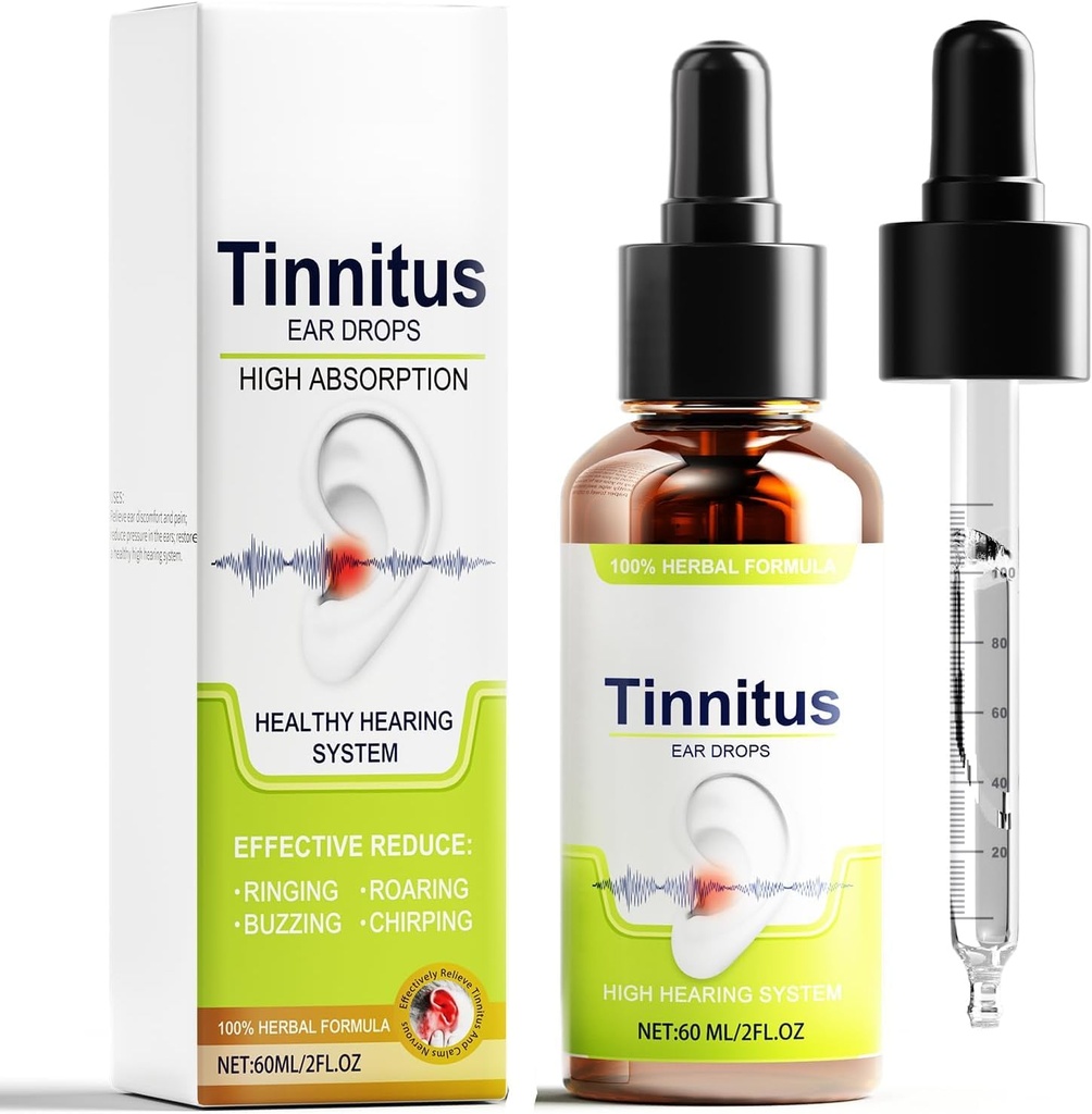 Tinnitus Relief for Ringing Ears, Effective Ear Ringing Relief Drops, Natural Herbal Tinnitus Treatment for Ear Clicking Buzzing, Improving Hearing for Unisex Adult 60ml White Green