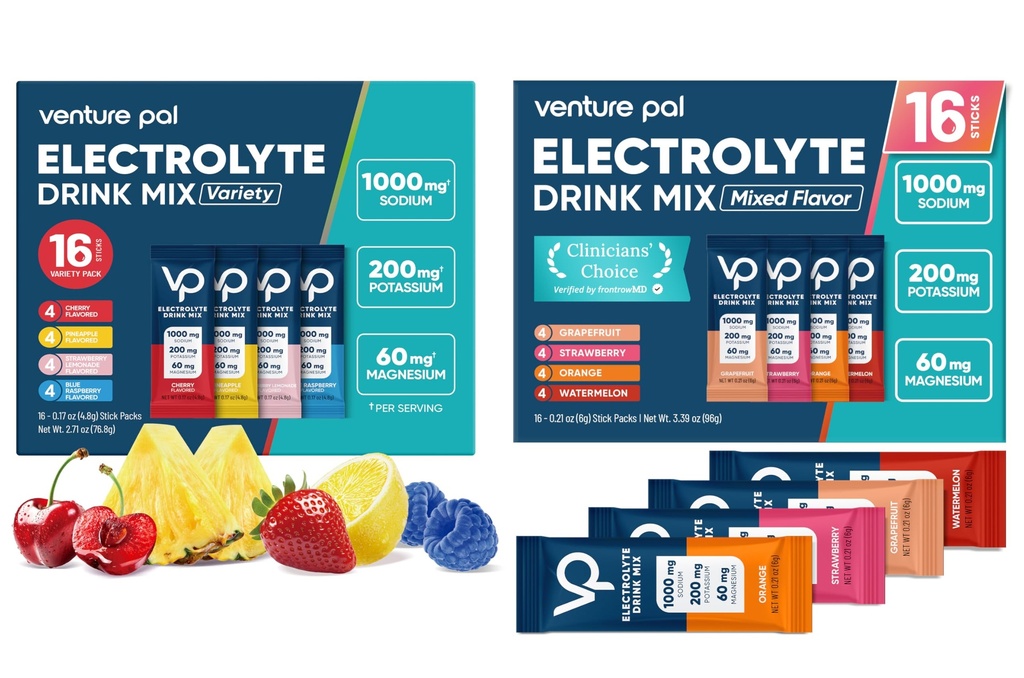 Venture Pal High Sodium Sugar-Free Electrolyte Powder Combo Pack | Hydration Drink Mix with Sodium, Potassium & Magnesium | Keto, Vegan & Paleo Friendly | Zero Calories | 32 Sticks