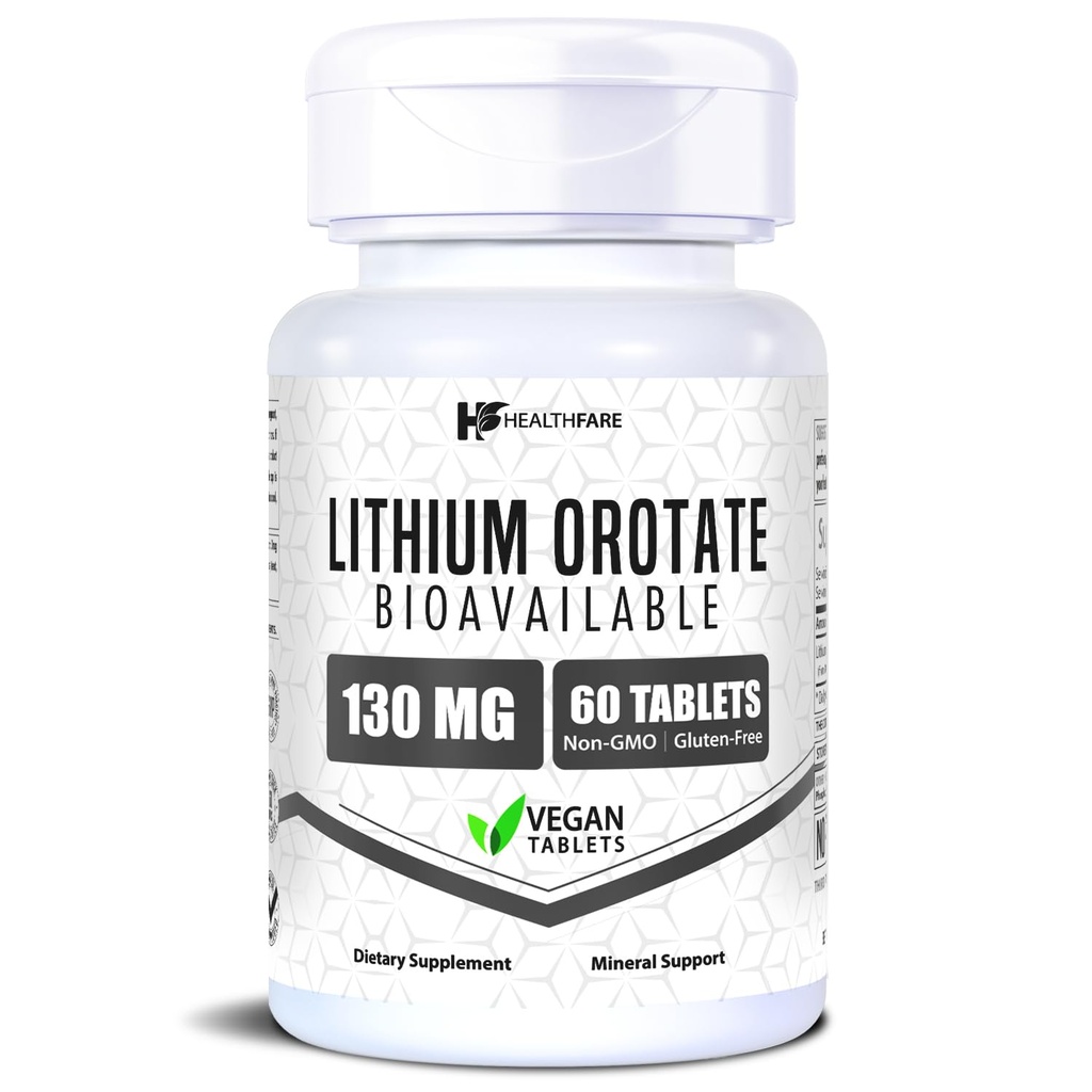HealthFare Lithium Orotate Supplement | 60 Vegetarian Tablets | Trace Mineral Formula | Non-GMO, Gluten-Free | Made in USA