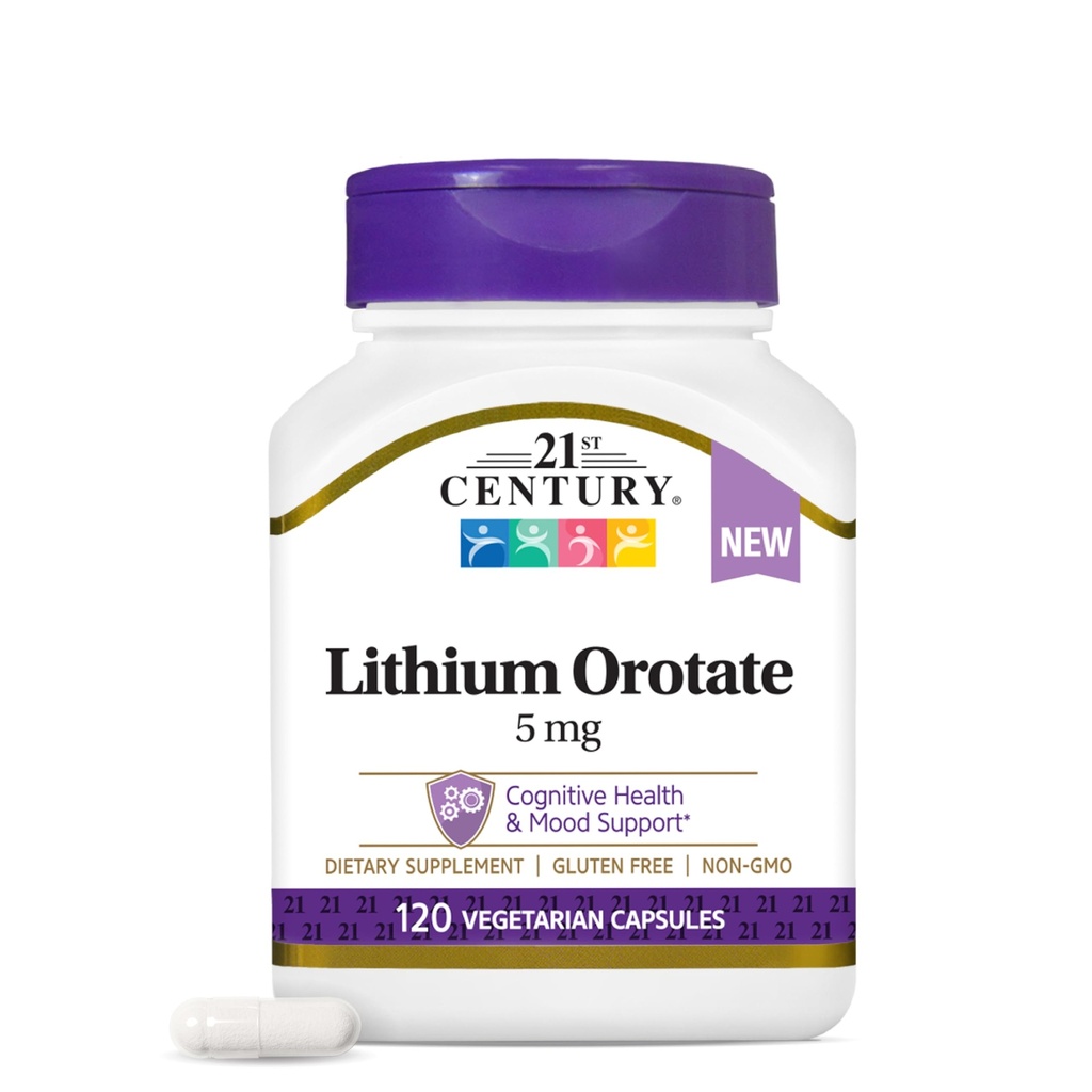 21st Century Lithium Orotate 5mg, Brain & Mood Support, 120 Vegan Capsules | 5 mg lithium as lithium orotate, 1 veg capsule daily. Bioavailable orotate form for cognitive & mood support. Vegan & non-GMO