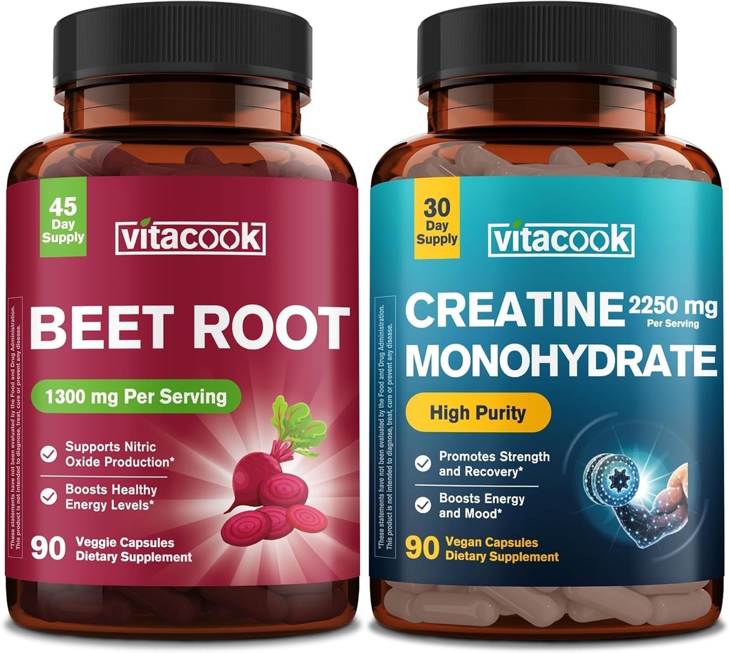 Bundle: Beet Root Circulation and Heart Health 1300mg and Creatine Monohydrate 2250 mg Strength, Energy, Recovery, 90 Capsules