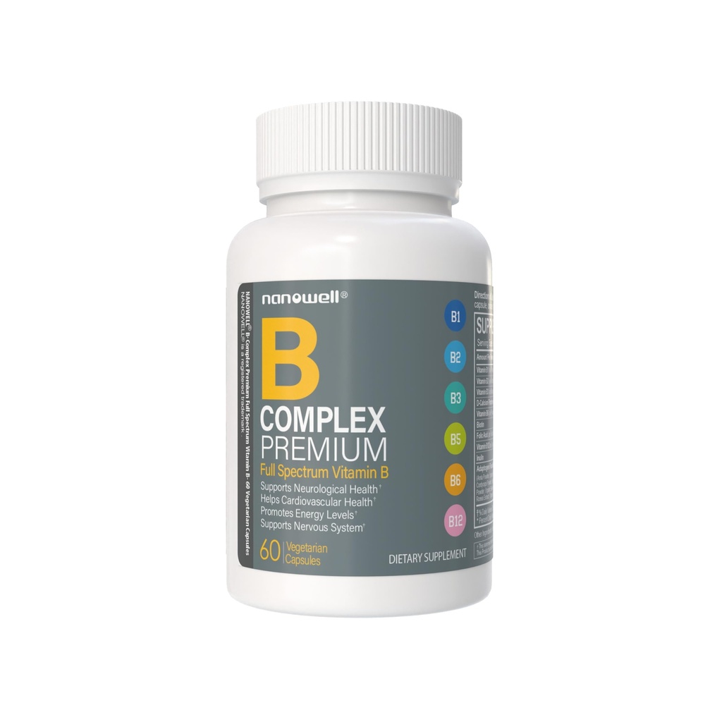 NANOWELL B Complex Premium - Full Spectrum of B Vitamins for Energy, Heart & Immune Support - B-Complex Supplement with Adaptogens - 60 Capsules, 60-Day Supply