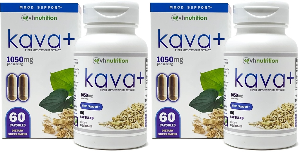 VH Nutrition KAVA+ | Kava kava Capsules | 1050mg Piper Methysticum + Kavalactones | Mood Support* Supplement | 60 Capsules (Pack of 2)