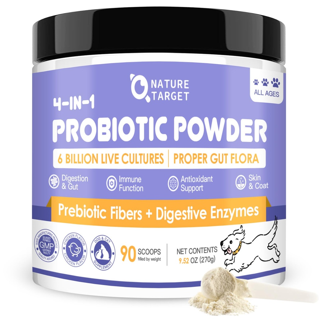 NATURE TARGET Probiotics for Dogs - Probiotics σκύλου, Plus Prebiotic, Digestive Enzymes, Fiber, Gut υποστήριξης, ανοσοποιητική υγεία, 6 δισεκατομμύρια CFU σκύλων Probiotic σκόνη, Relieve Diarrhea, Loose Stool, 90 Scoops