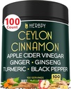 6in1 Premium Ceylon Cinnamon Supplement Plus Ξίδι μηλίτη μήλου, Turmeric, Ginger, Ginseng - Διαχείριση βάρους, Πέψη - 100 κάψουλες Vegan