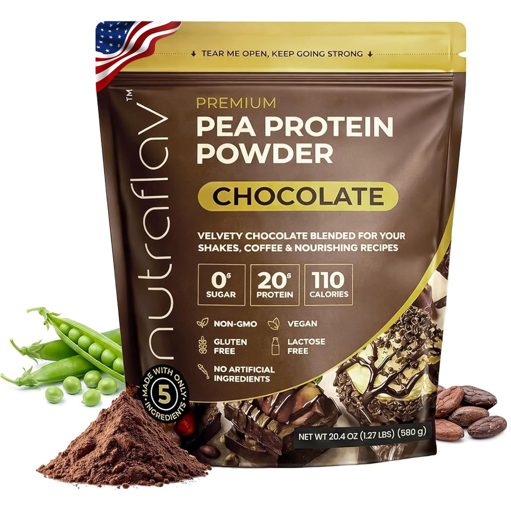 Chocolate Vegan Pea Protein Powder - Plant Based Soy Free Powder - 20g Protein Per Serving with 5 Ingredients - Iron-Rich, Easy to Digest - Zero Sugar - Great for Shakes & Smoothies - 20 Servings