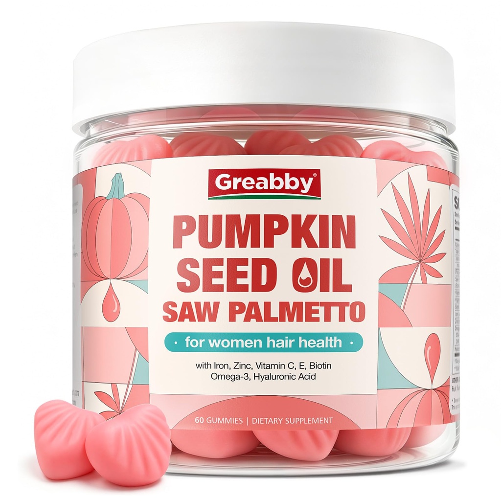 Pumpkin Seed Oil with Saw Palmetto for Women Gummies, Hair Growth DHT Blocker Supplement, Cold-Pressed Pumpkin Seed Oil with Iron, Zinc, Omega 3, Hyaluronic Acid, Sugar Free, 60 ct
