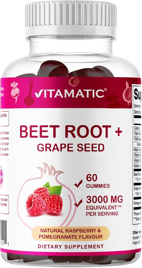Vitamatic Beet Root Gummies - 3000mg Ισοδύναμο ανά υπηρεσία - 60 Gummies - Κατασκευασμένο με βιταμίνη Β6, Β12, Σπόροι σταφυλιού, Ρόδι & Νικοτιναμίδιο
