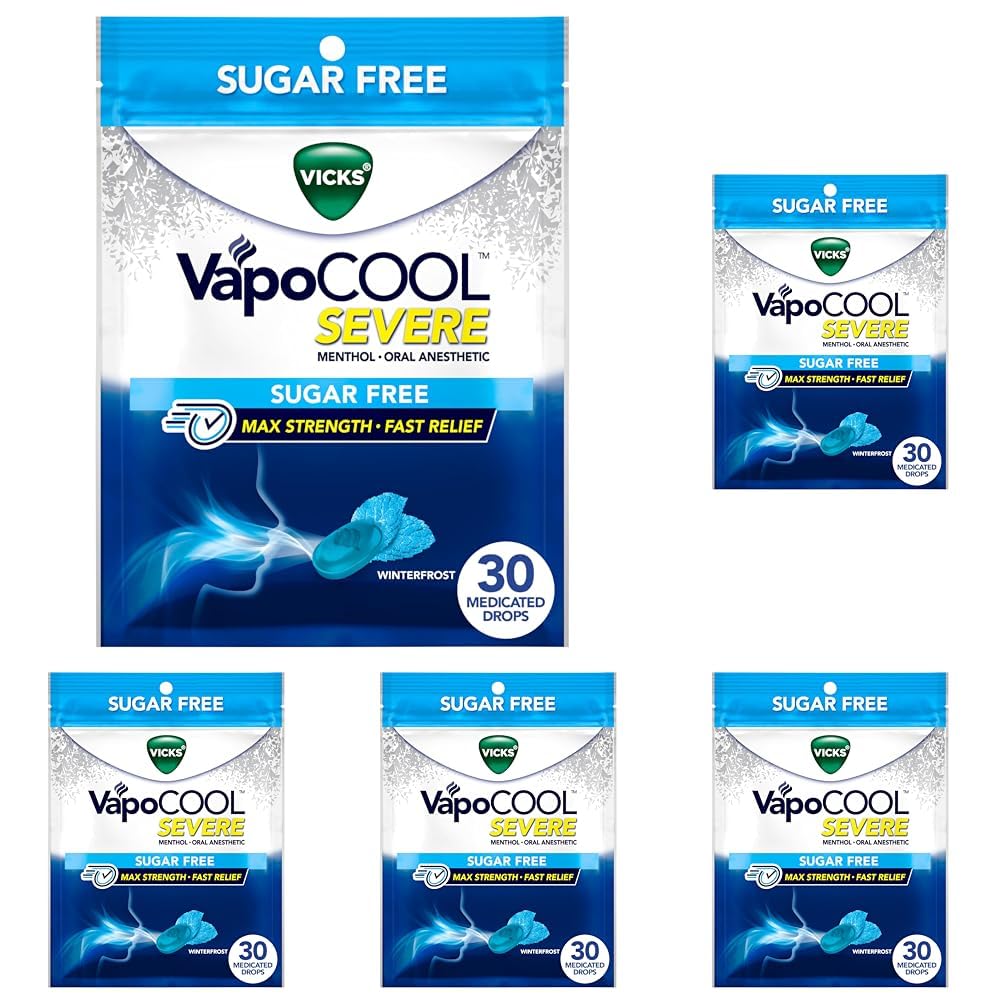 Vicks VapoCool Severe Sugar Free, Medicated Sore Throat Drops, Max Strength Menthol, Soothes Sore Throat Pain, Winterfrost Flavor, 30ct (Pack of 5)