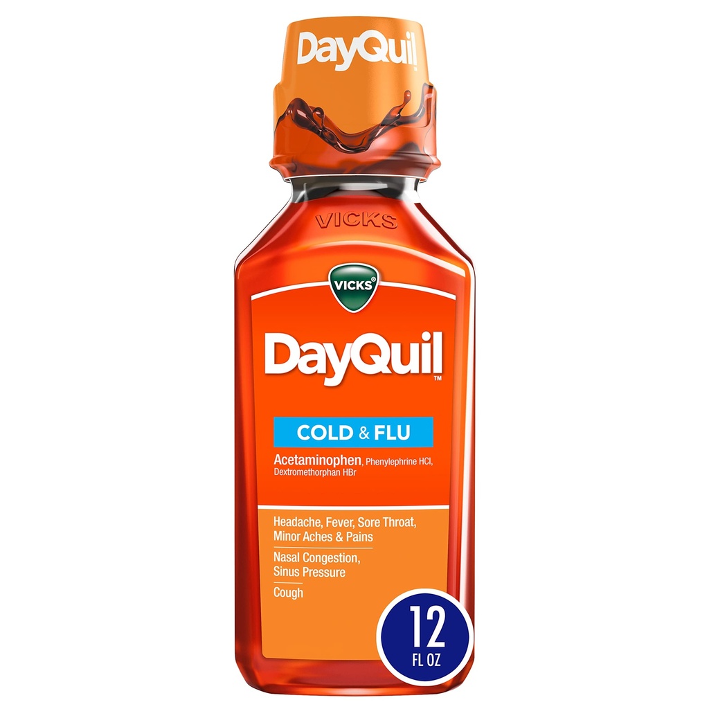 Vicks DayQuil Cold and Flu Relief Liquid Medicine, Non-Drowsy Powerful Multi-Symptom Daytime Relief for Headache, Fever, Sore Throat, Minor Aches and Pains, Nasal Congestion, Sinus Pressure, and Cough, 8 FL OZ