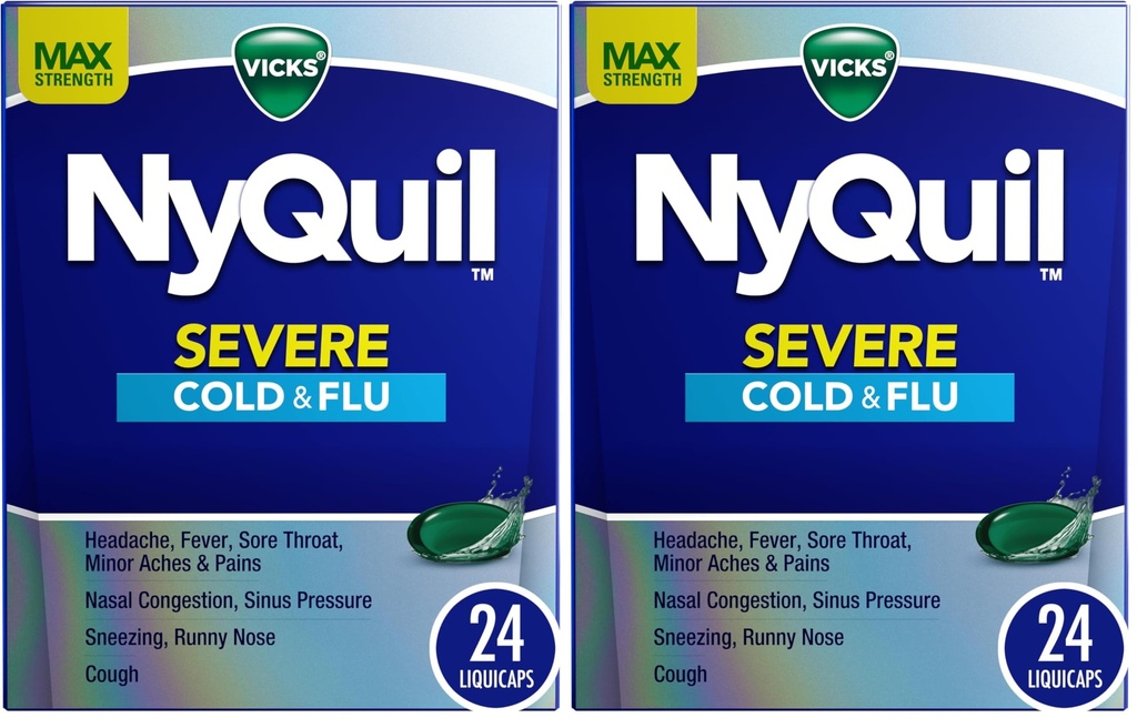 Vicks NyQuil Severe Cold, Flu, & Congestion Medicine, 24 Liquicaps, Maximum Strength, 24Count (Pack of 2)