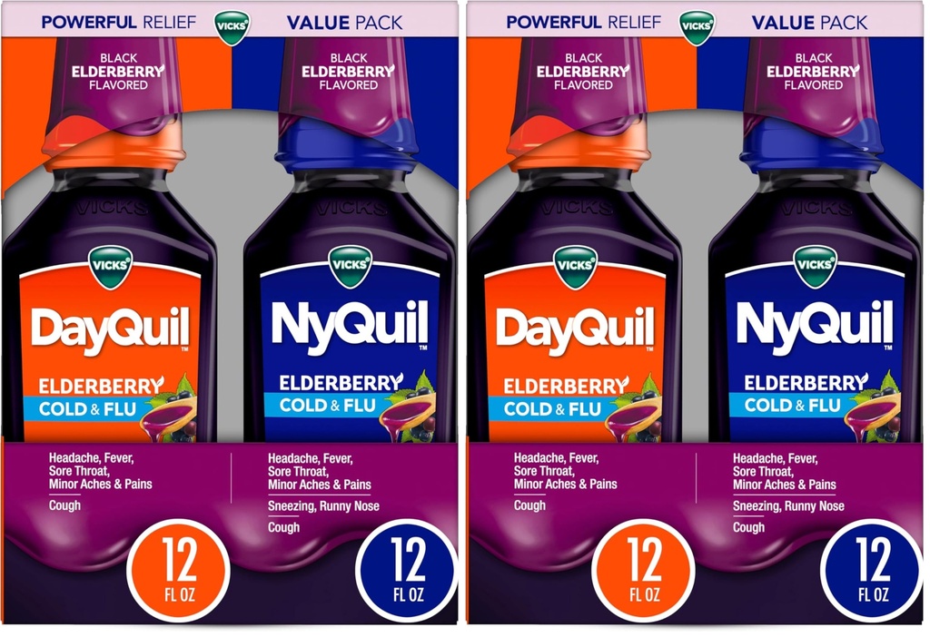 Vicks DayQuil & NyQuil Elderberry Flavor Cold & Flu Liquid Medicine Co-Pack, Multi-Symptom Relief of Headache, Fever, Sore Throat, Minor Aches & Pains, Sneezing, Runny Nose& Cough, 2x12oz (Pack of 2)