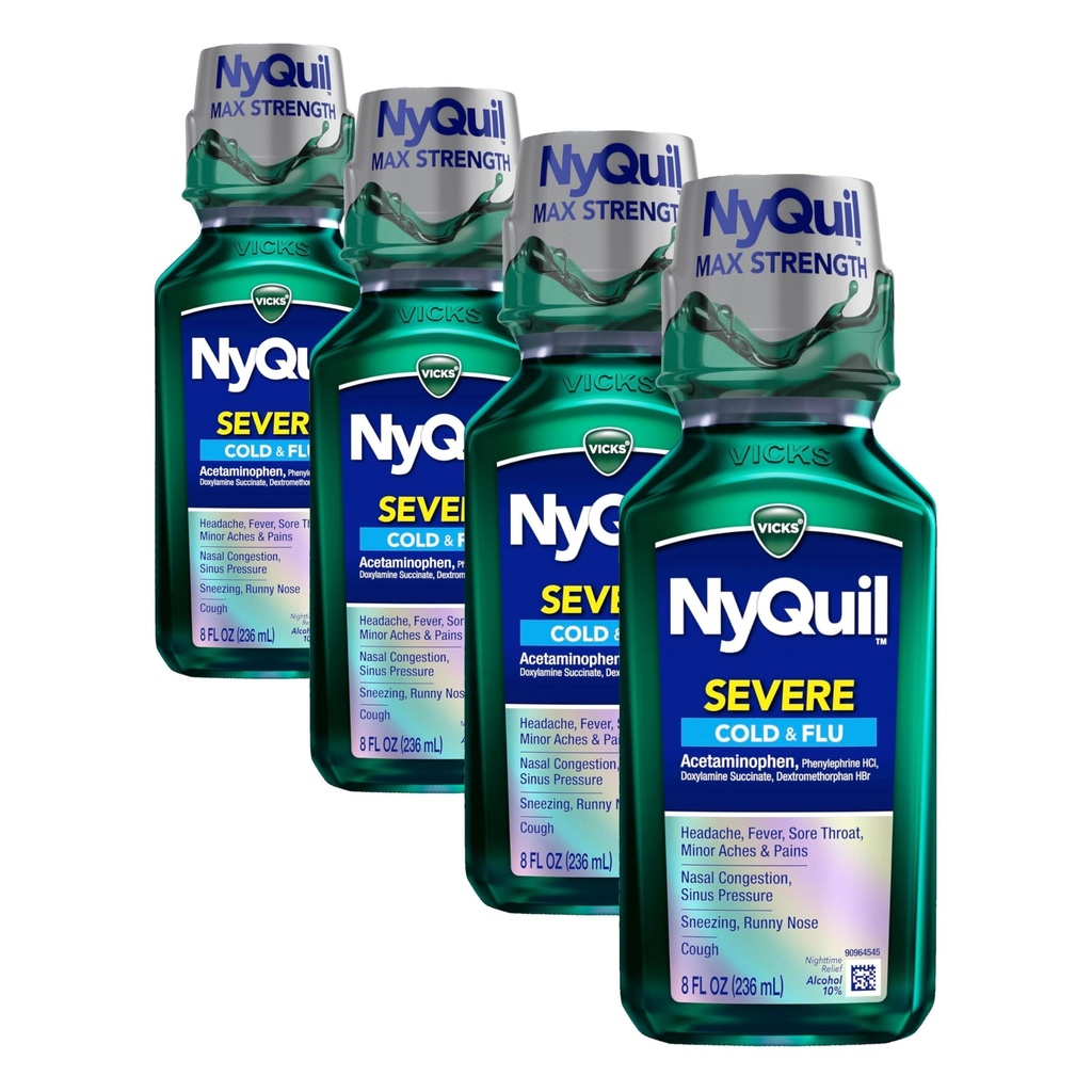 Vicks NyQuil Severe Cold and Flu Relief Liquid Medicine, Maximum Strength, 9-Symptom Nighttime Relief for Headache, Fever, Sore Throat, Nasal Congestion, Sinus Pressure, Runny Nose, Cough, 8 FL OZ