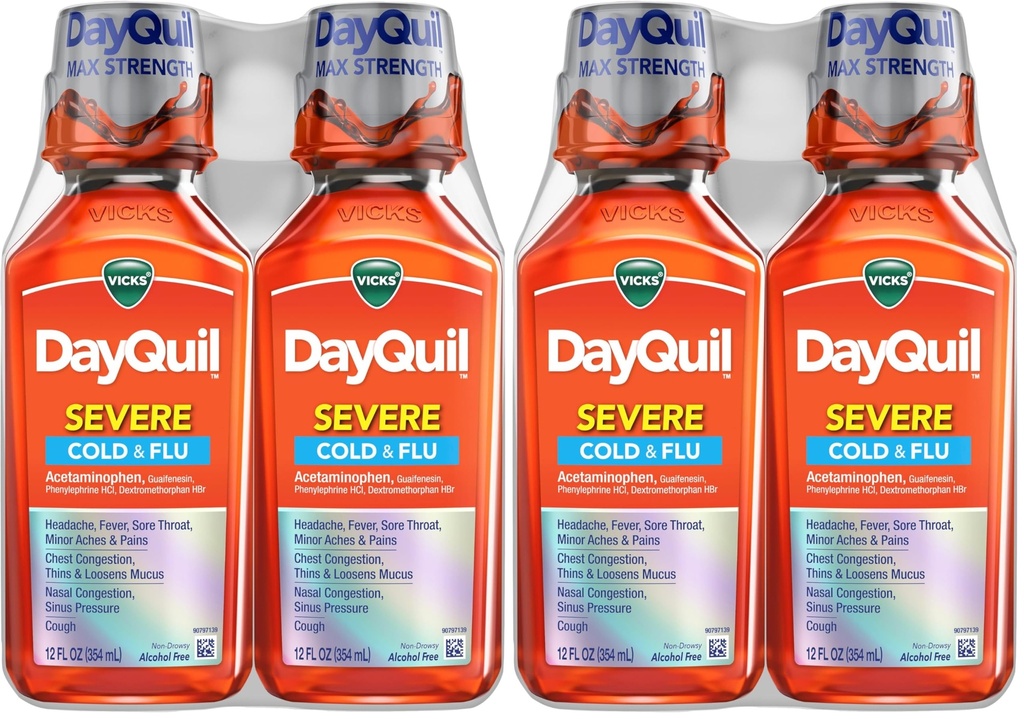 Vicks DayQuil Severe Cold&Flu Liquid Medicine, Daytime Relief for Headache, Fever, Sore Throat, Minor Aches&Pains, Chest Congestion, Stuffy Nose, Nasal Congestion, Sinus Pressure&Cough 2ct (Pack of 2)