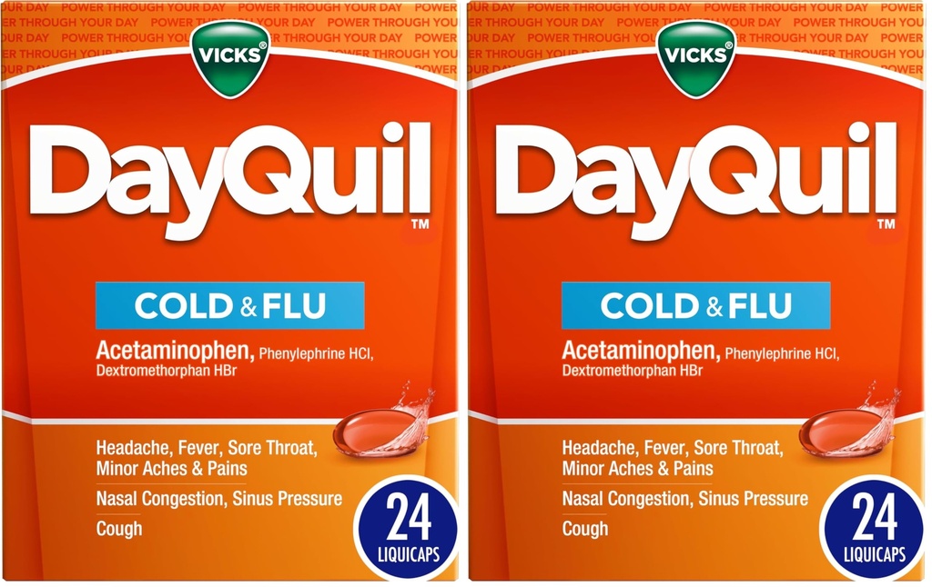 Vicks DayQuil LiquiCaps, Cough, Cold & Flu Relief, Sore Throat, Fever, & Congestion Relief, Non- Drowsy, 24 LiquiCaps (Pack of 2)