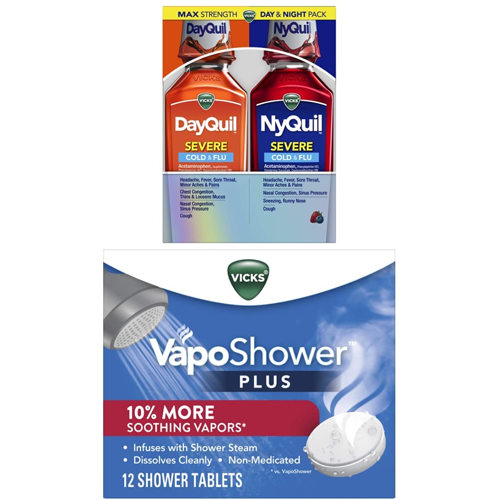 Vicks VapoShower Plus, Shower Bomb Tablets, Extra Strong Soothing Vapors, 12 Tablets, DayQuil and NyQuil Severe, Liquid Cough, Cold and Flu Relief, Sore Throat, Fever & Congestion Relief