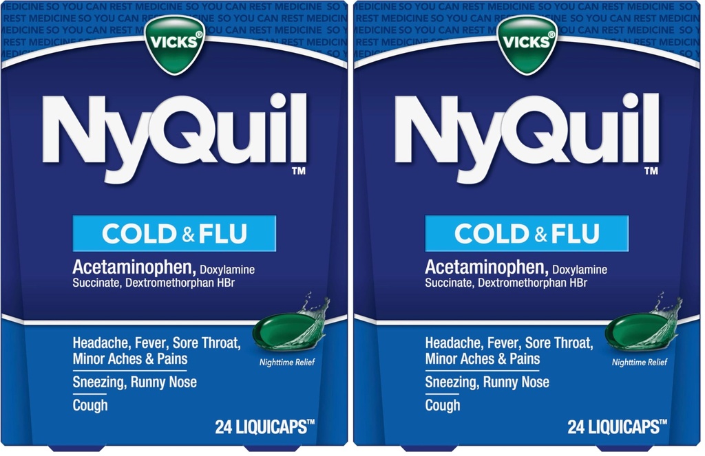 Vicks NyQuil Cold and Flu Relief Liquid Medicine, Powerful Multi-Symptom Nighttime Relief for Headache, Fever, Sore Throat, Minor Aches and Pains, Sneezing, Runny Nose, and Cough, 24 Liquicaps