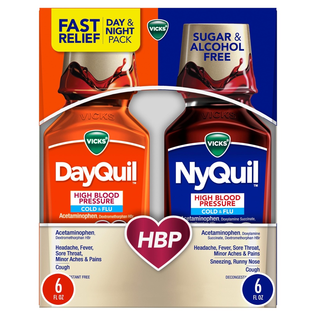 DayQuil & NyQuil High Blood Pressure Cold & Flu Relief Liquid, Multi-Symptom Daytime & Nighttime Relief for Cold, Cough, and Flu Symptoms, Sugar & Alcohol Free, 2 x 8 FL OZ