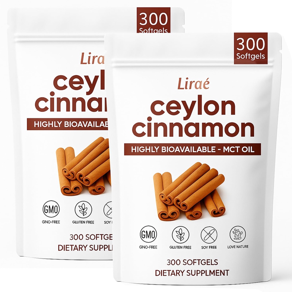 LIRAE Ceylon Cinnamon Softgels with MCT Oil – 300 Softgels – True Ceylon Cinnamon Supplement – Non-GMO, Gluten Free – Gentle Daily Wellness Support (2)