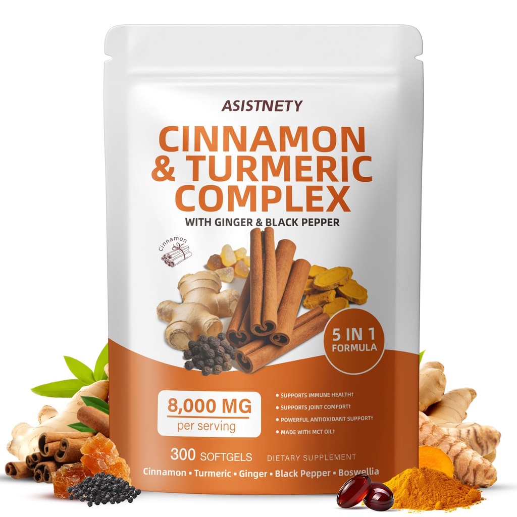 5in1 Turmeric Curcumin Supplement with Ceylon Cinnamon 8000MG and Ginger Boswellia Black Pepper Extract, High Absorption Joint Support Supplement for Women and Men, 300 Softgels