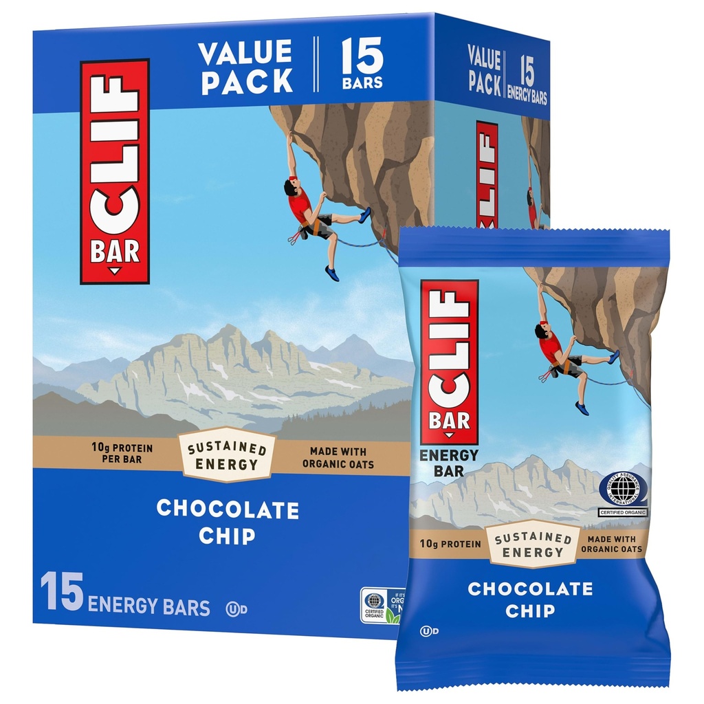 CLIF BAR - Ενεργειακές μπάρες πρωτεΐνης - Chocolate Chip - Κατασκευασμένο με οργανική βρώμη - Ενεργειακές μπάρες - Μη ΓΤΟ - (15 Pack)
