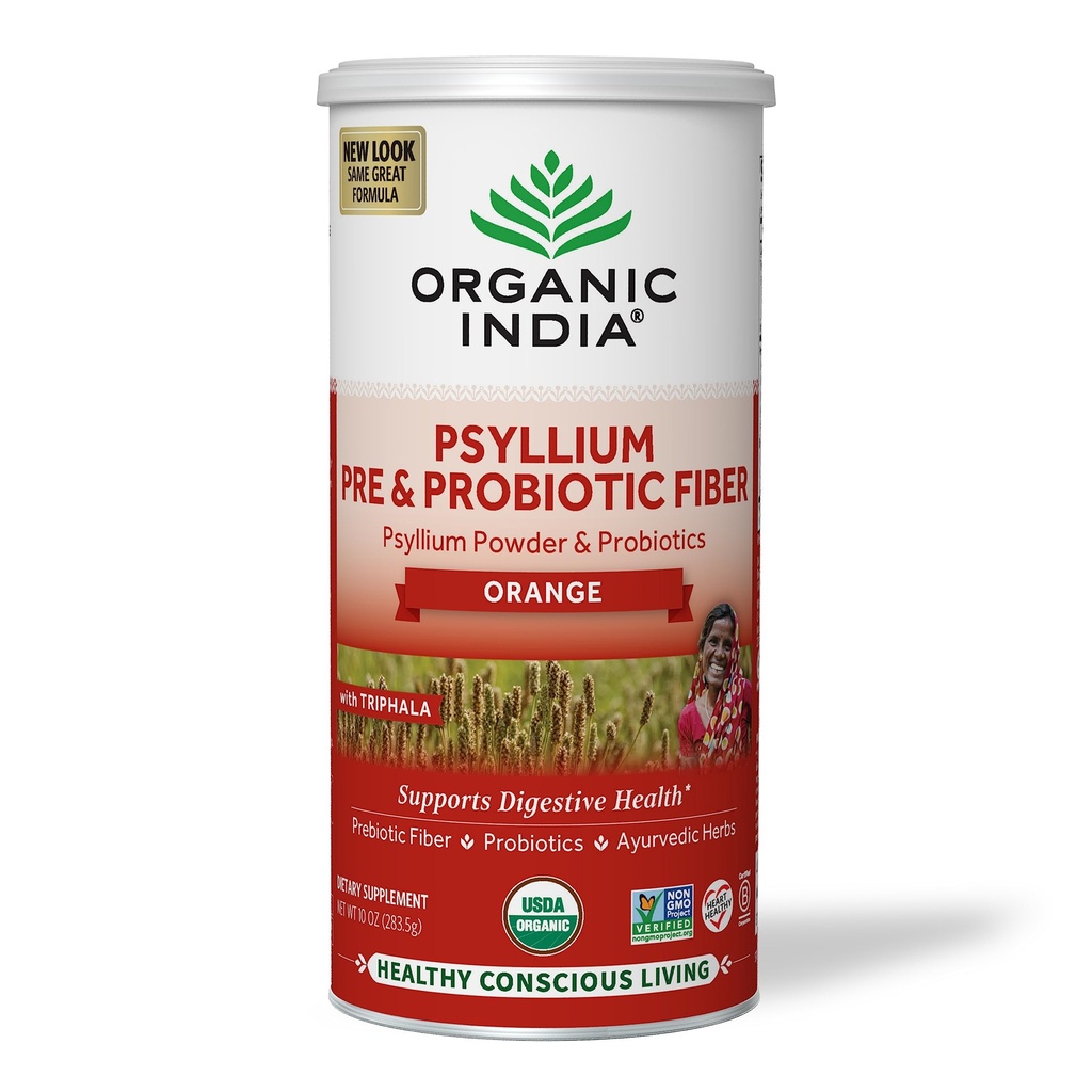 Organic India Psyllium Husk Powder - Pre & Probiotic Fiber Supplement, Organic Psyllium Husk Fiber Supplement, Dietary Fiber, USDA Organic, Vegan, Gluten Free - Orange, 10 Oz