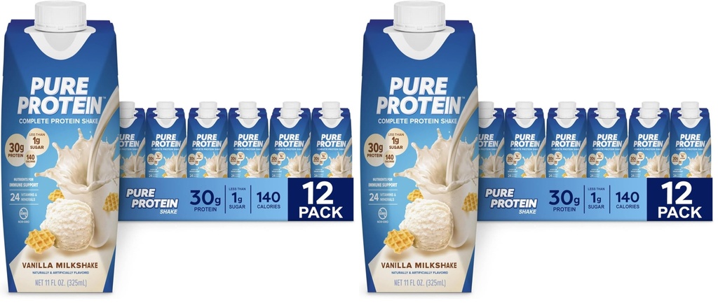 Pure Protein Vanilla Protein Shake,30g Complete-Protein,Vitamins A,C,D,and E plus Zinc to Support Immune Health,Ready to Drink and Keto-Friendly,11oz Bottles,(Pack of 24)