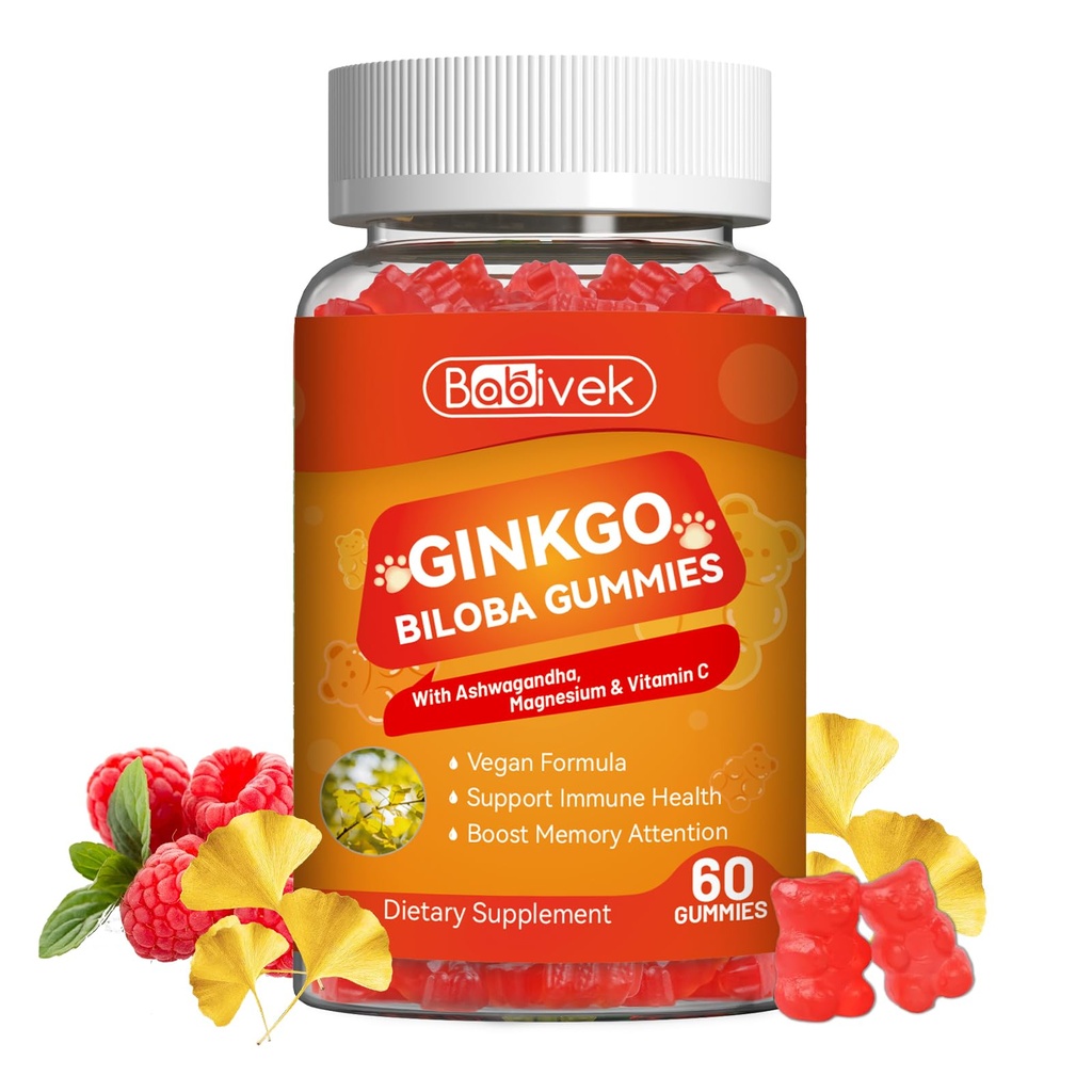 Ginkgo Biloba Gummies with Ashwagandha, Vitamin C & Magnesium - Vegan, Non-GMO, Gluten-Free - Raspberry Flavor, 60 Count