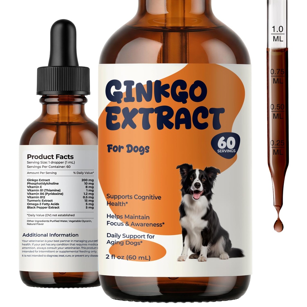 Ginkgo Biloba for Dogs, Senior Dog Cognitive & Daily Wellness Support, Helps Maintain Normal Awareness, Engagement & Everyday Interaction, Liquid Formula with Omega-3 & B Vitamins