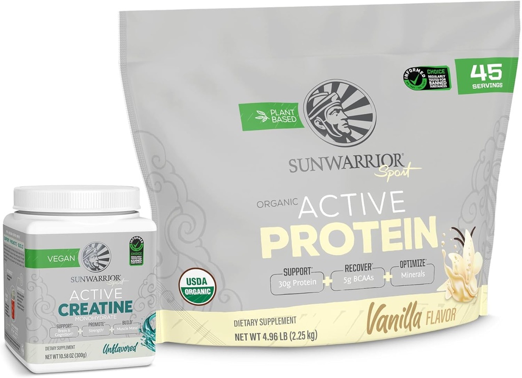 Sunwarrior Active Organic Protein Powder Plant - Βασισμένη σε Βανίλια Γεύση 45 Σερβίρει & Creatine Monohydrate Powder 60 Σερβίρει