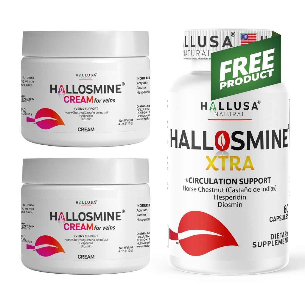 Hallusa Natural 2-Pack Hallosmine Cream for veins support 4 oz + Free Hallosmine Xtra Diosmin 450 mg, Horse chesnut 250 mg & Hesperidin 150 mg | Varicose Veins Cream for Legs