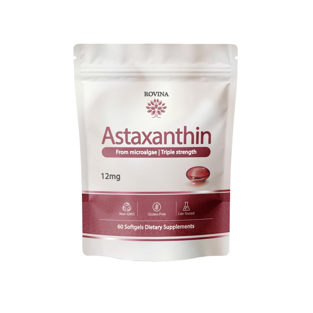 ROVINA Astaxanthin 12mg Softgels from Microalgae - Triple Strength Antioxidant Supplement for Eye, Skin, Immune & Joint Support - Non-GMO, Gluten Free Astaxanthin Supplements, 60 Softgels