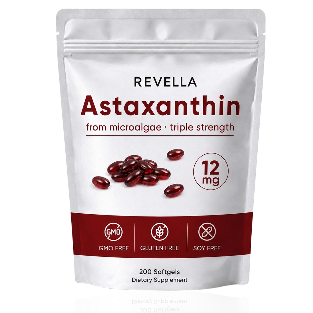 Revella Astaxanthin, Body Flexibility Support, Eye & Skin Health, Immune, Internal Circulation, Vitality Support, Non-GMO- 200 Softgels(1 Pack)
