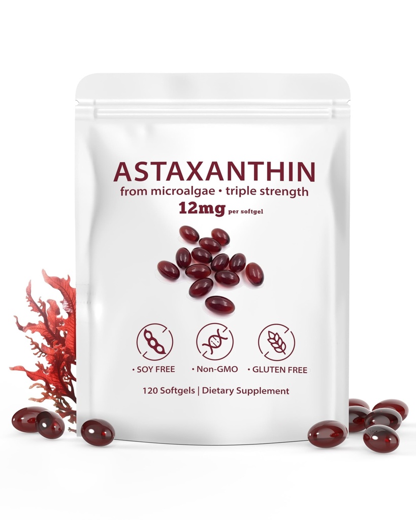 Astaxanthin 12mg 120 Softgels, Natural Astaxanthin Antioxidant Supplements, Supports Eye, Skin, Joint, Brain, Heart & Immune System Health, Fresh Microalgae Source, 4 Month Supply, Non-GMO & No Gluten