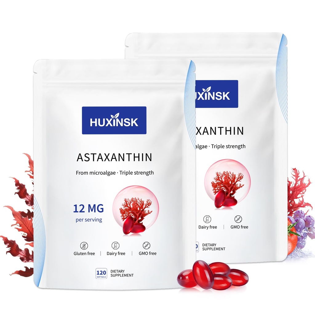 Astaxanthin 12mg Softgels – 120 Capsules, 4-Month Supply – Natural Microalgae Antioxidant for Skin, Eye & Heart Health – Non-GMO, Vegan,2 Bags
