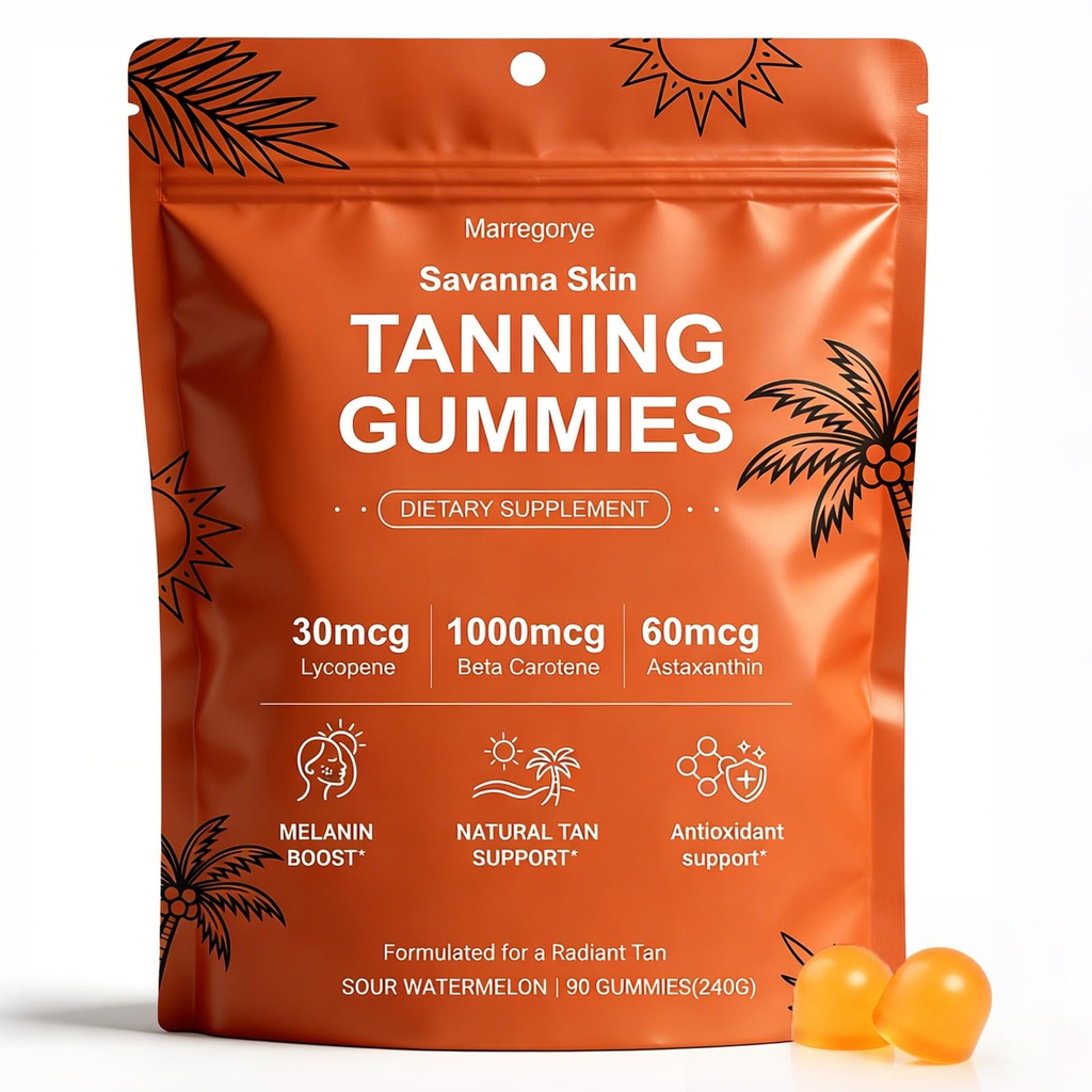 Savanna Skin Tanning Gummies – Tanning Gummies for Women – Astaxanthin, Beta-Carotene, Lycopene & Vitamins C&E – Vegan, Gluten-Free, Sour Watermelon – Radiant Skin & Natural Bronze Glow – 90 Gummies