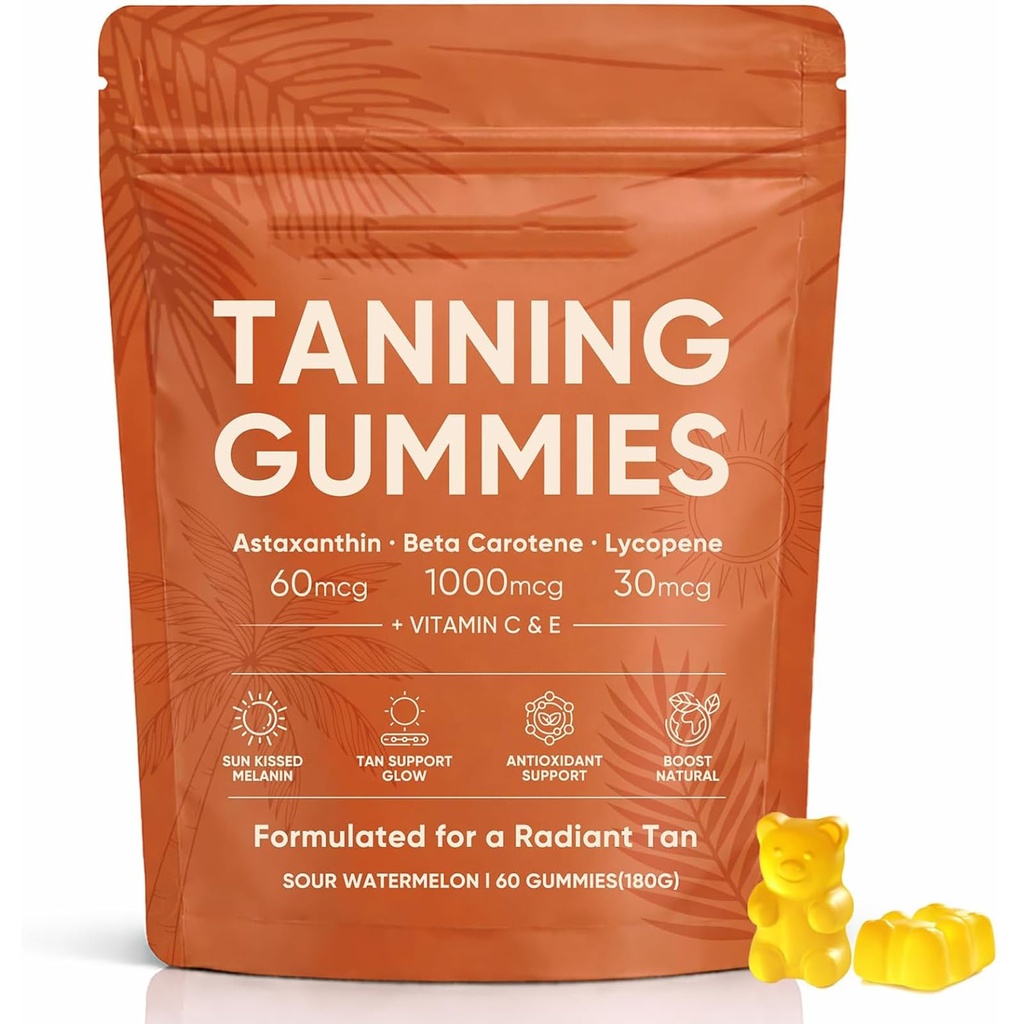 Natural Tanning Gummies - Vitamin C & E, Astaxanthin & Beta Carotene for Radiant Glow & Hydration, Non-GMO Vegan Sugar-Free, 60 Count