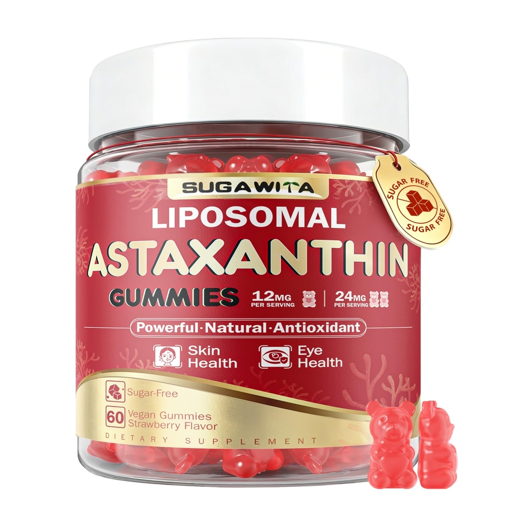 Astaxanthin 12mg 24mg Gummies, Astaxanthin Supplements for Women & Men, High-Absorption Organic Antioxidant for Skin, Eye & Immune Health, Vegan, Sugar-Free, Strawberry Flavor, 60 Count