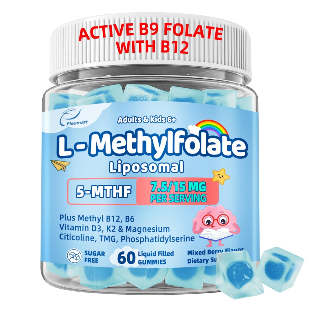 L Methylfolate 15mg Plus Methyl B12 for Kids & Adults - Liposomal Methylated folate (5-MTHF) Gummies with Vegan Omega-3 (DHA & EPA), Choline & TMG - Support Brain, Mood & Energy - Sugar Free 60 Cts