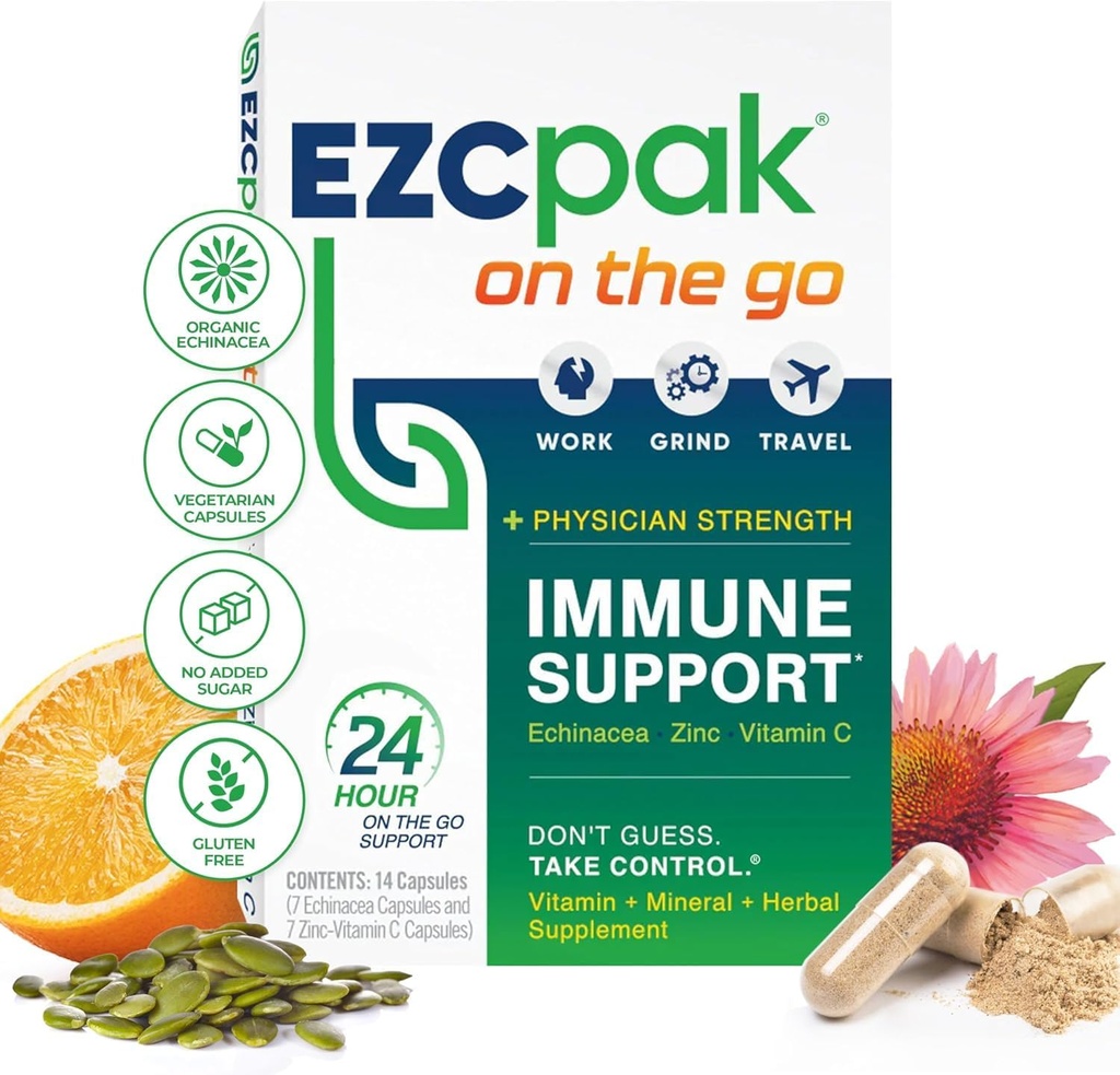 EZC Pak On The Go Immune System Booster με Echinacea, Βιταμίνη C, Ψευδάργυρος, συμπλήρωμα υποστήριξης ανοσοποιητικών, Ανοσία Βιταμίνες για Ενήλικες, Travel-Friendly Συσκευασία, Χορτοφαγικά, Χωρίς Γλουτένη