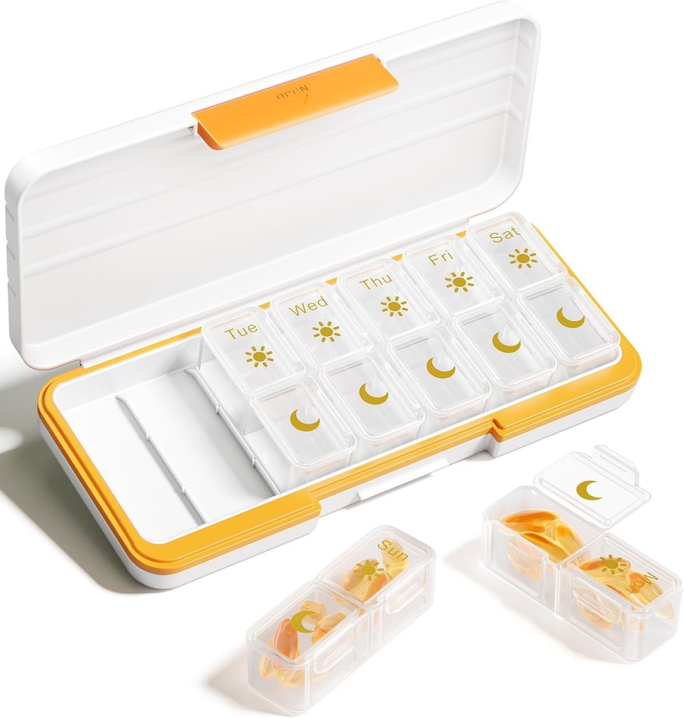 AM PM Pill Organizer 2 φορές την ημέρα, 7 ημέρα Χάπια κουτί Εβδομαδιαία Pill Organizer Ταξίδι με ξεχωριστό εμπορευματοκιβώτιο, φορητός ημερήσιος Planner Planner θήκη για βιταμίνη, ιχθυέλαια, συμπληρώματα (Beige)