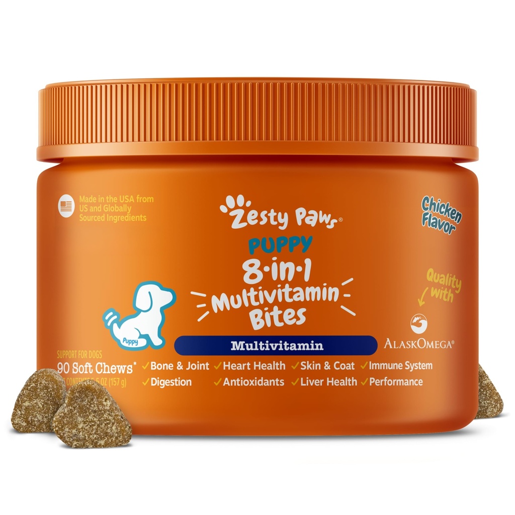 Zesty Paws Dog Multivitamin, μασώμενες βιταμίνες σκύλου και συμπληρώματα για χιπ & αρθρώσεις, δέρμα & παλτό, ωμέγα 3 ιχθυέλαιο για σκύλους-κουτάβι πολυβιταμίνη - κοτόπουλο κουταβάκια- 90ct