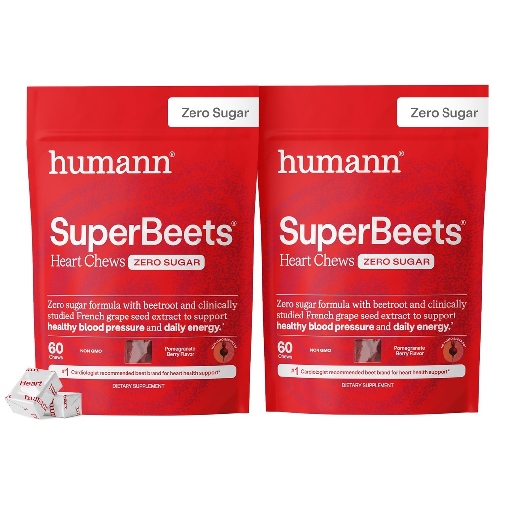 HumanN SuperBeets Heart Chews Zero Sugar, Beet Root Supplement, Energy, Nitric Oxide and Blood Pressure Support, Grape Seed Extract & Non-GMO, Heart Health, Pomegranate Berry Flavor, 120 Count