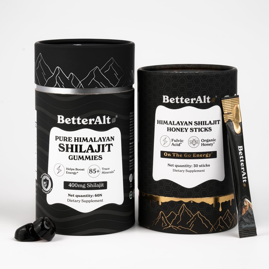 BetterAlt Ultimate Power Up Duo | Shilajit Gummies + Shilajit GOLD+ Honey Sticks | 3rd-party Lab Tested | 1 Month Pack - Helps Boost Energy