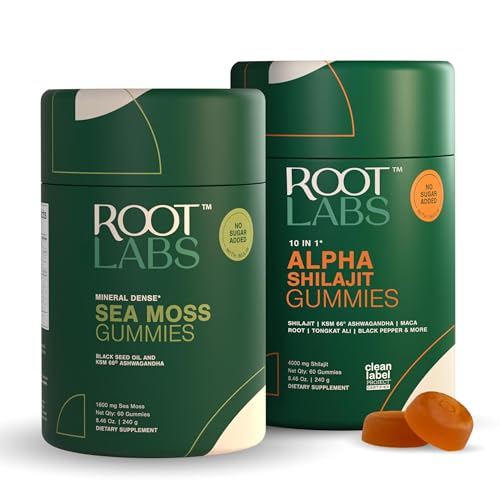 ROOT LABS 10 in 1 Alpha & Sea Moss Gummies Peak Performance Pack I 4000 mg Shilajit, 1600 mg Sea Moss I Lab Tested I No Added Sugar | 75%+ Fulvic Acid, 92+ Minerals I KSM 66 Ashwagandha