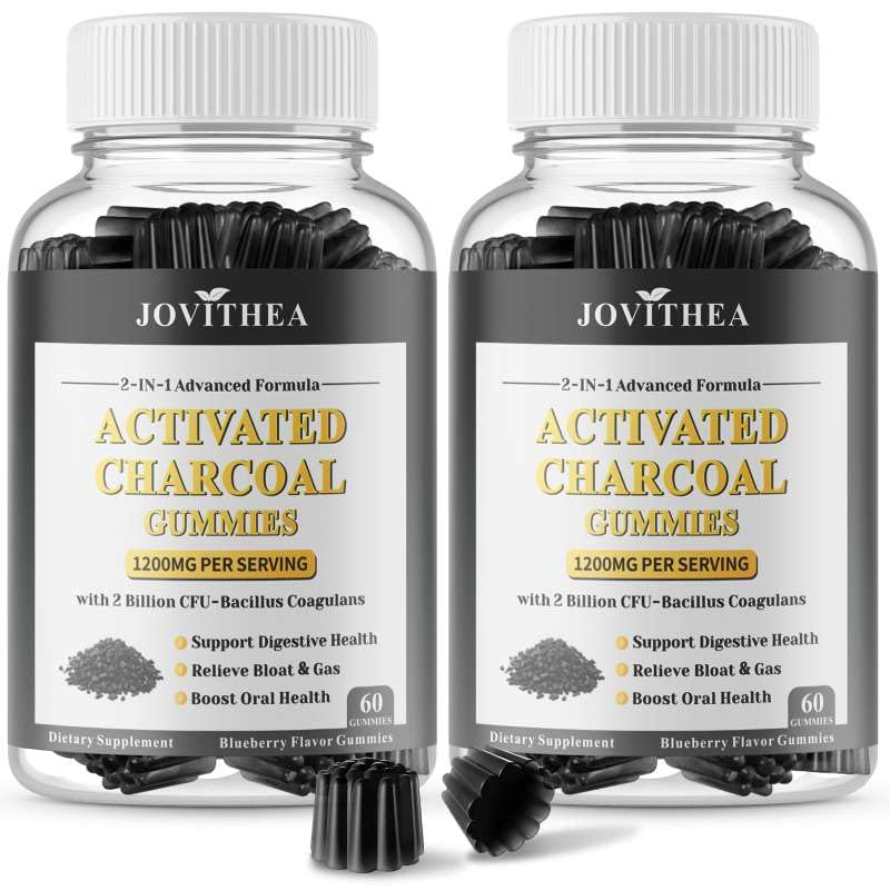 2 Pack Activated Charcoal Gummies 1200mg, with Organic Coconut Shell Charcoal & 2 Billion Probiotics, Natural Gas & Bloating Relief, Digestive Support, Non-GMO, Vegan, Gluten Free,Blueberry Flav,120Ct