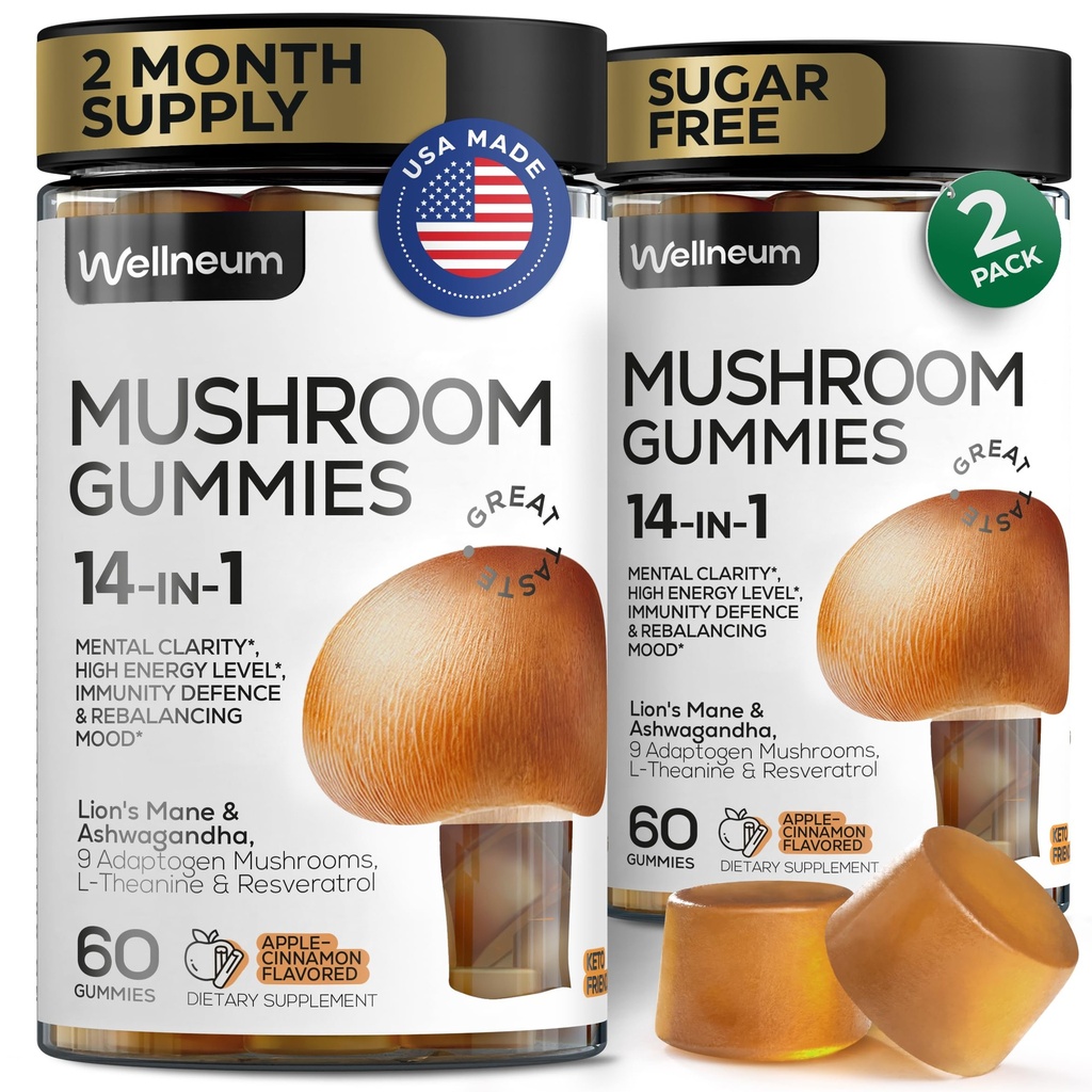 Mushroom Gummies 5000 Mg 120 Pcs (2 Pack) - Mane Lion's και 9 Adaptogenic Mushrooms Blend - Ashwagandha, L-Theanine - Mushroom Gummies for Energy, Immunity, Focus, Brain Boost - No Sugar and GMO